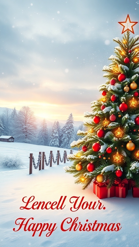 DIY Christmas Card Graphic Design A festive Christmas card graphic with a snowy scene and a decorated tree.
